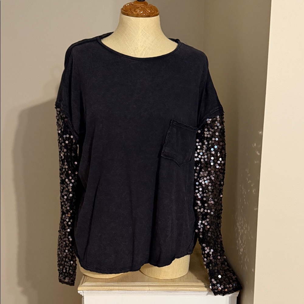 Free People Black Sequin Sleeve Sweatshirt. Never worn